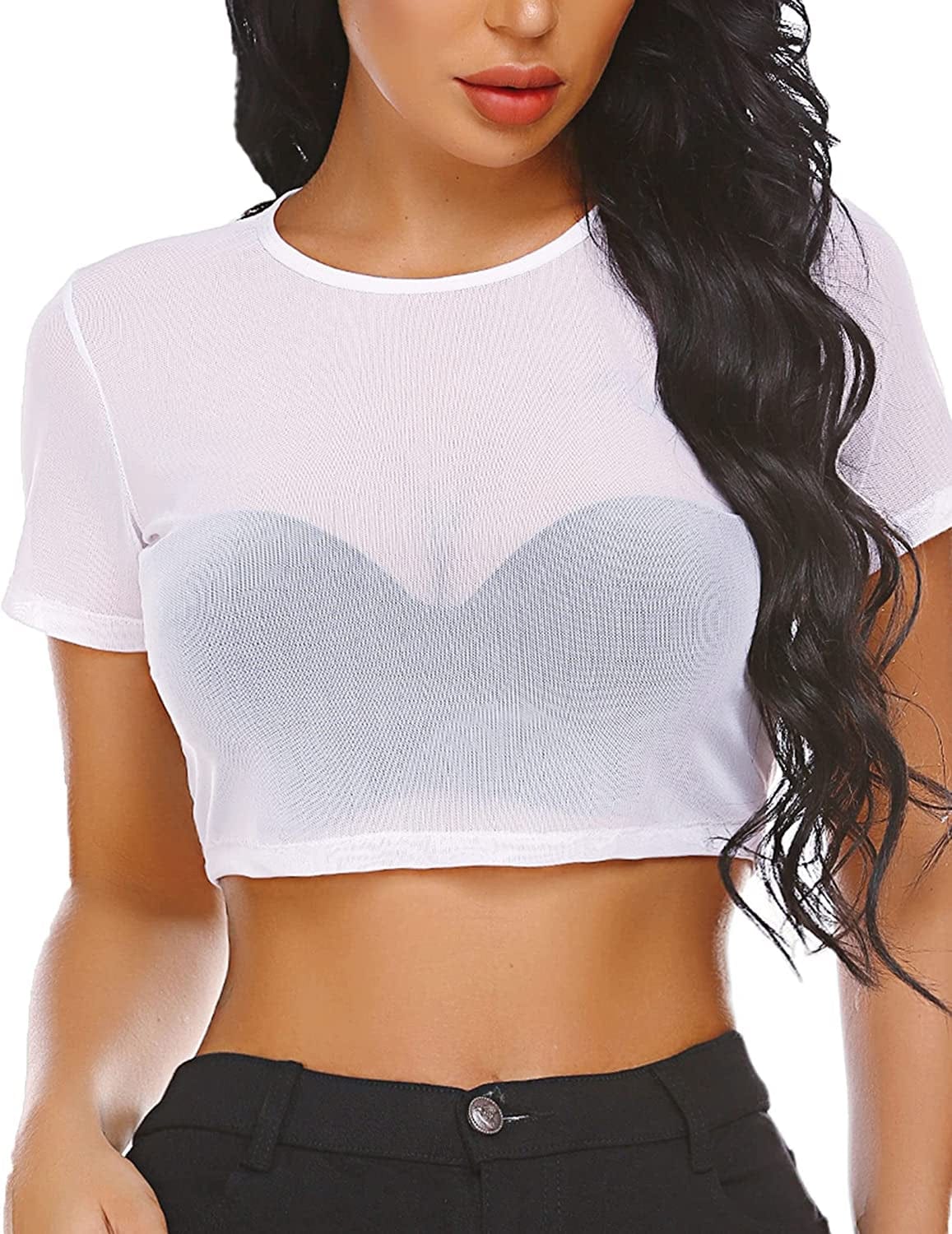Mesh Crop Top for Women Short Sleeve Bodycon Tees See through Blouse O Neck Clubwear White / Medium