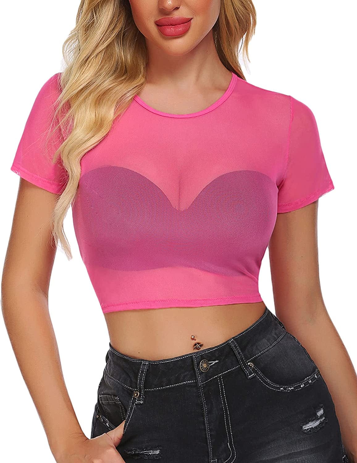 Mesh Crop Top for Women Short Sleeve Bodycon Tees See through Blouse O Neck Clubwear Rose Red / Medium