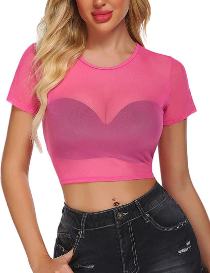 Mesh Crop Top for Women Short Sleeve Bodycon Tees See through Blouse O Neck Clubwear Rose Red / Medium