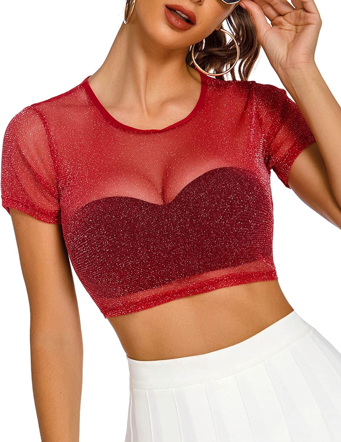 Mesh Crop Top for Women Short Sleeve Bodycon Tees See through Blouse O Neck Clubwear Short Sleeve-red / Large