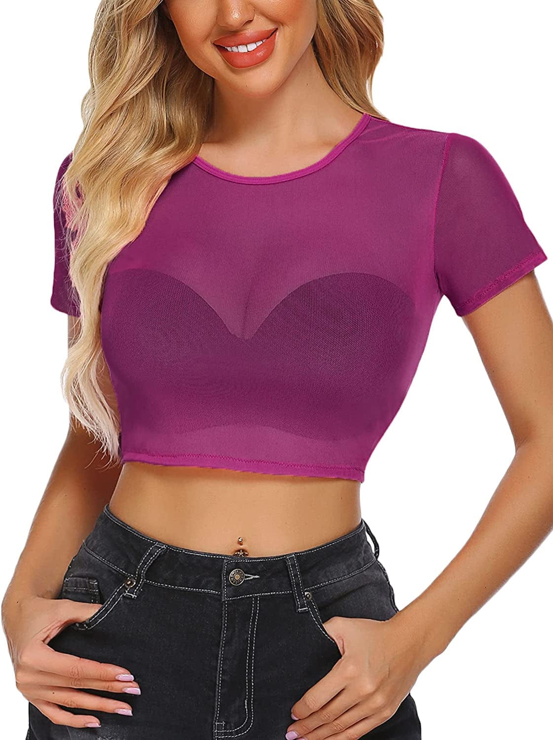 Mesh Crop Top for Women Short Sleeve Bodycon Tees See through Blouse O Neck Clubwear Short Sleeve-purple / Large