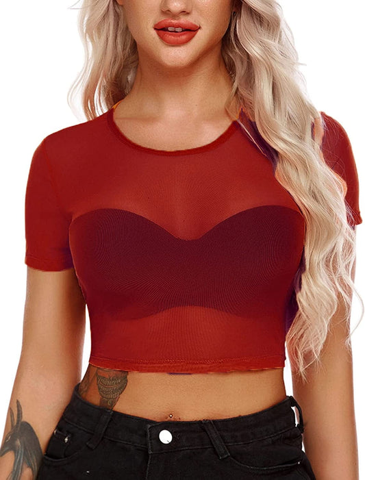 Mesh Crop Top for Women Short Sleeve Bodycon Tees See through Blouse O Neck Clubwear Short Sleeve-wine Red / Medium