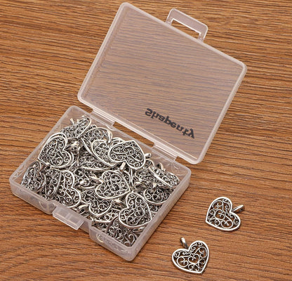 Metal Heart Charms Beads Bulk for DIY Craft Pendants Bracelet Necklace Earring Keychain Jewelry Making Finding Accessory, Silver, 50PCS