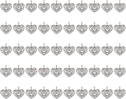 Metal Heart Charms Beads Bulk for DIY Craft Pendants Bracelet Necklace Earring Keychain Jewelry Making Finding Accessory, Silver, 50PCS