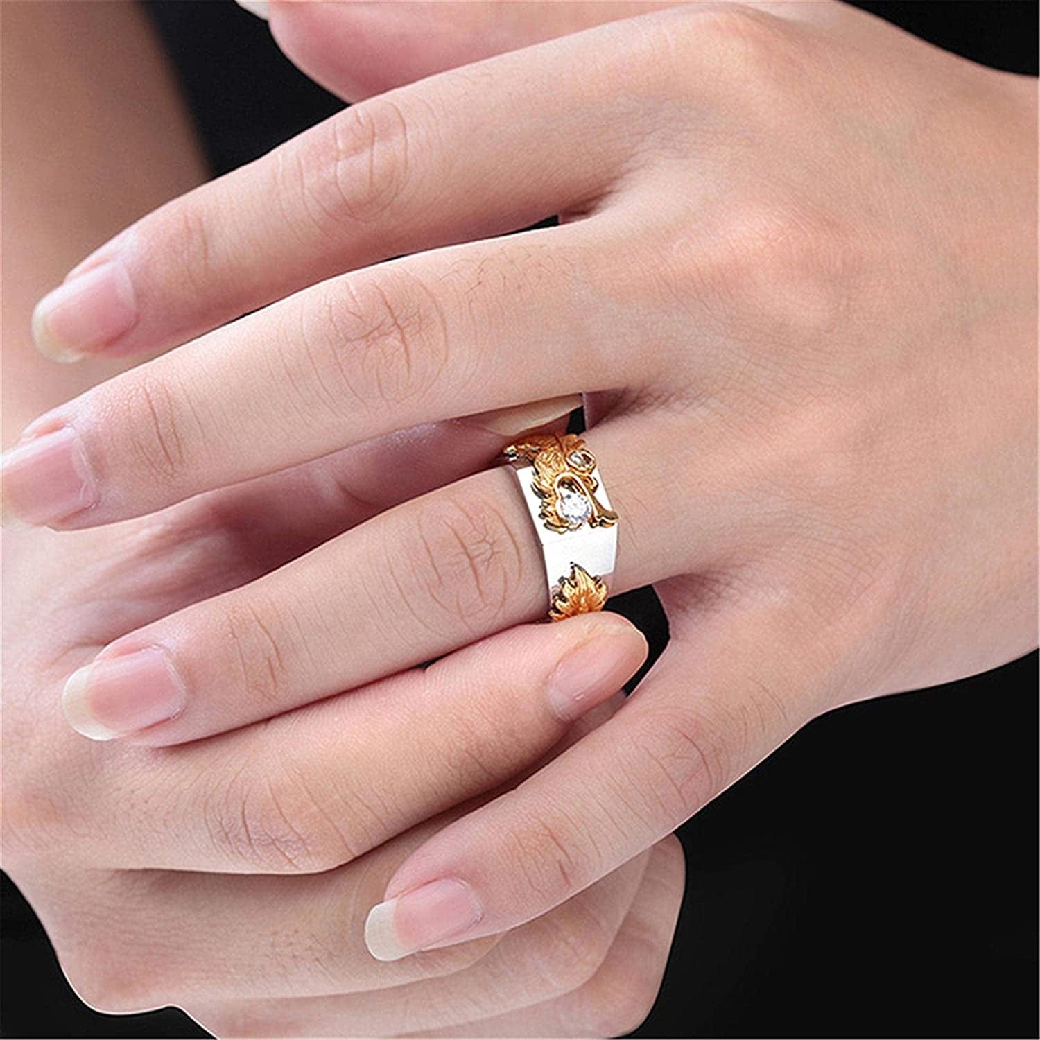 METREE Men Gold Silver Dual Color Dragon Ring Chinese Dragon Ring with Rhinestone Men Chunky Ring Thumb Ring (Gold, 9)