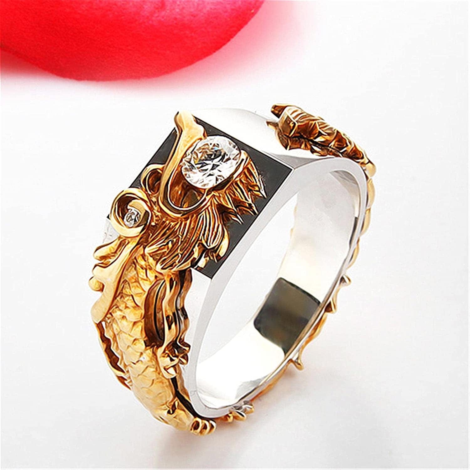 METREE Men Gold Silver Dual Color Dragon Ring Chinese Dragon Ring with Rhinestone Men Chunky Ring Thumb Ring (Gold, 9)