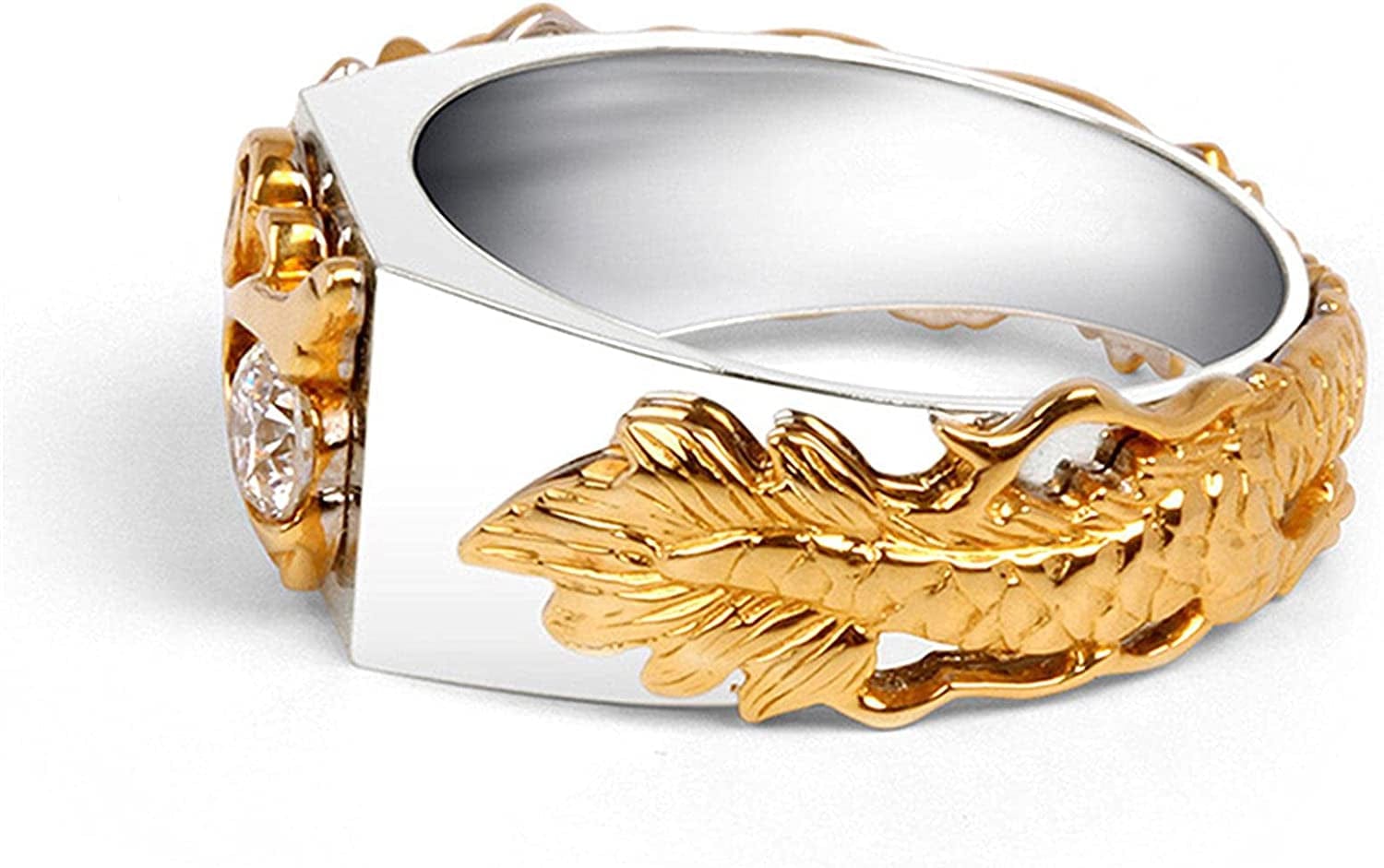 METREE Men Gold Silver Dual Color Dragon Ring Chinese Dragon Ring with Rhinestone Men Chunky Ring Thumb Ring (Gold, 9)