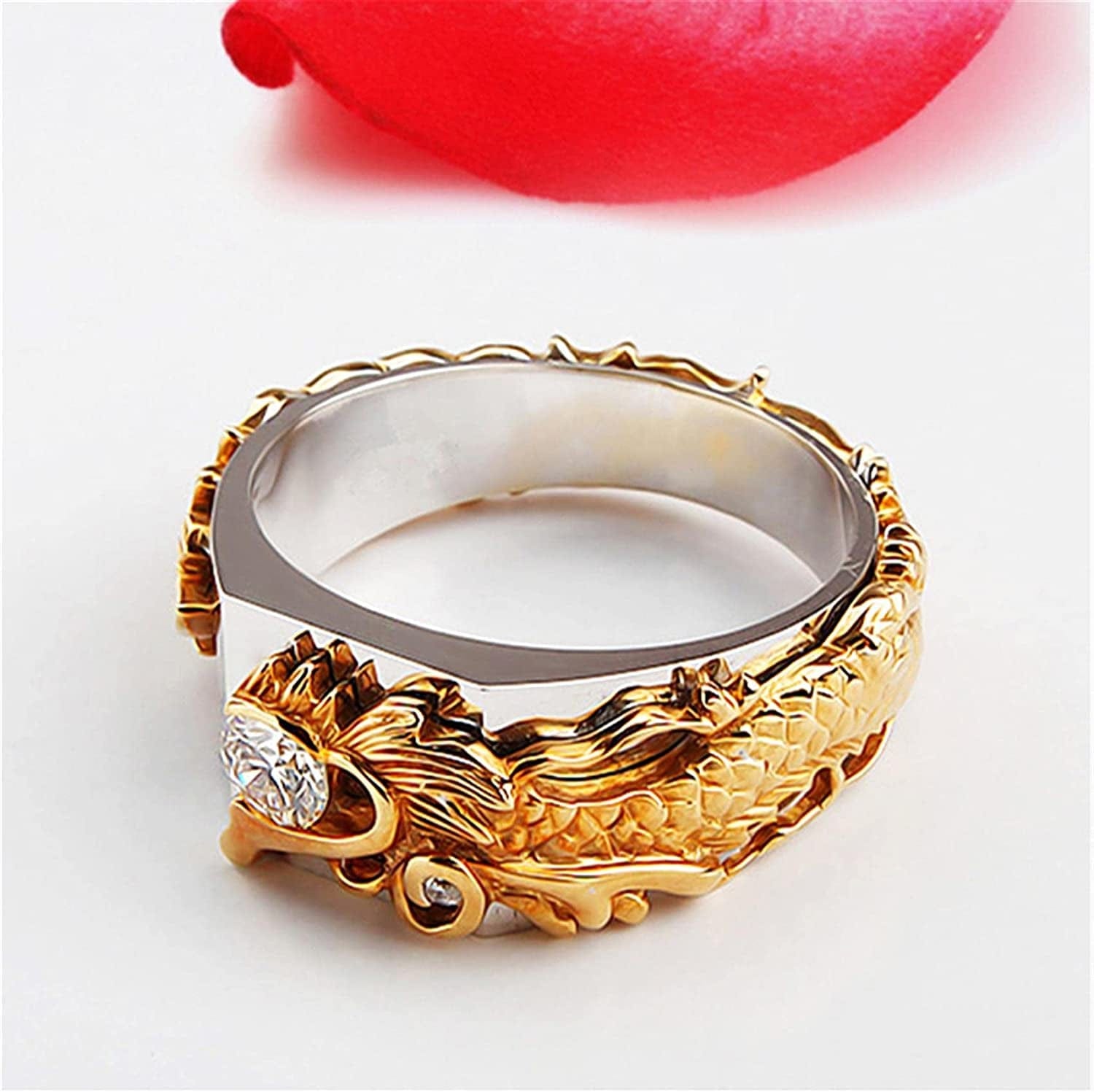 METREE Men Gold Silver Dual Color Dragon Ring Chinese Dragon Ring with Rhinestone Men Chunky Ring Thumb Ring (Gold, 9)