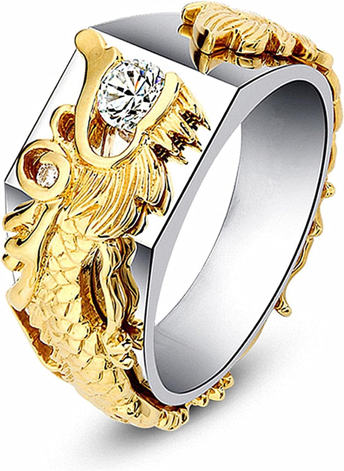 METREE Men Gold Silver Dual Color Dragon Ring Chinese Dragon Ring with Rhinestone Men Chunky Ring Thumb Ring (Gold, 9) Golden,Gold,Silver / 8