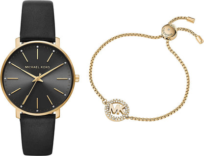 Michael Kors Pyper Three-Hand Stainless Steel Watch Gold Watch + Bracelet Bundle