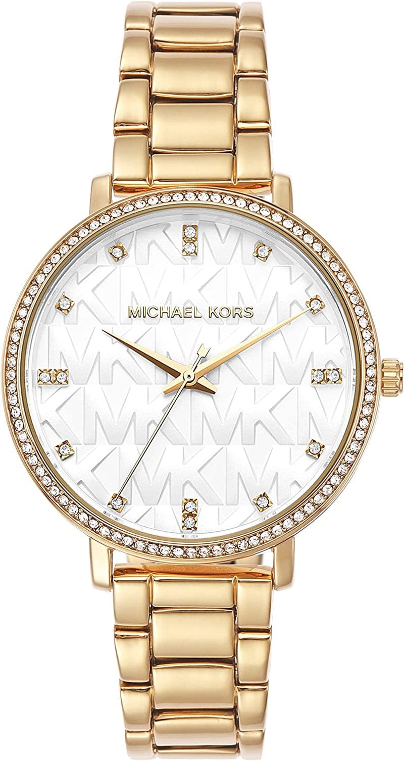 Michael Kors Pyper Three-Hand Stainless Steel Watch Gold/White Logo