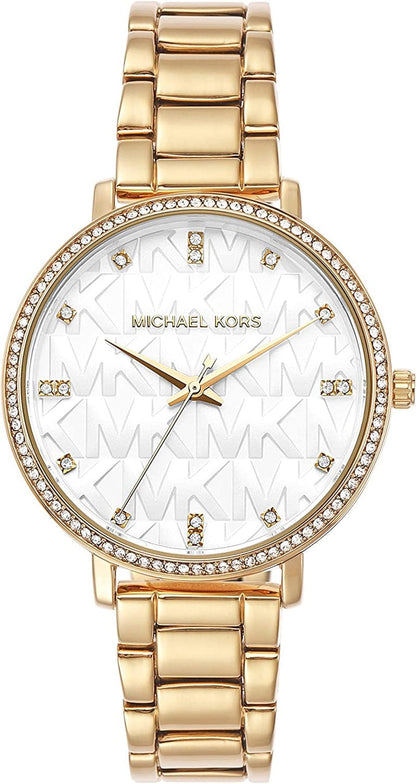 Michael Kors Pyper Three-Hand Stainless Steel Watch Gold/White Logo