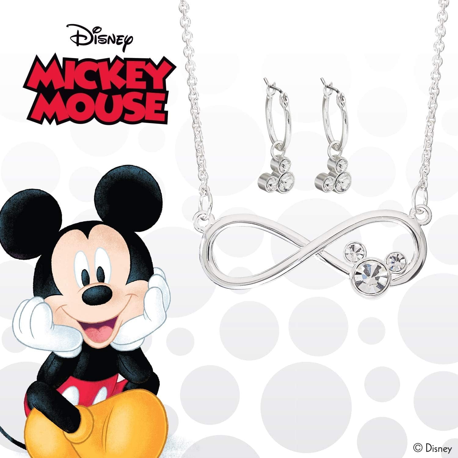 Mickey Mouse Jewelry for Women, Infinity Necklace and Hoop Dangle Earrings Set, Crystal Accents, Silver Plated, 18"
