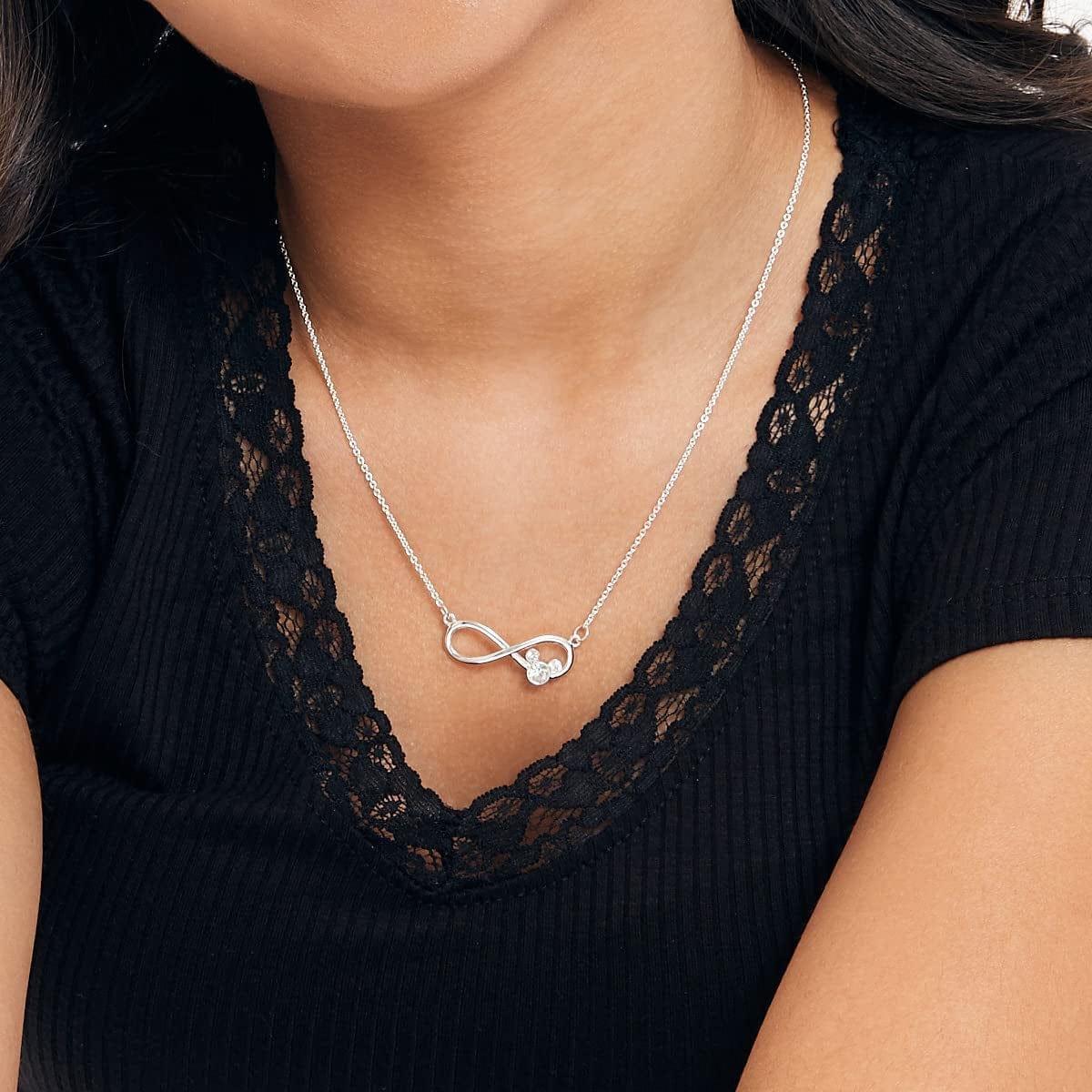 Mickey Mouse Jewelry for Women, Infinity Necklace and Hoop Dangle Earrings Set, Crystal Accents, Silver Plated, 18"