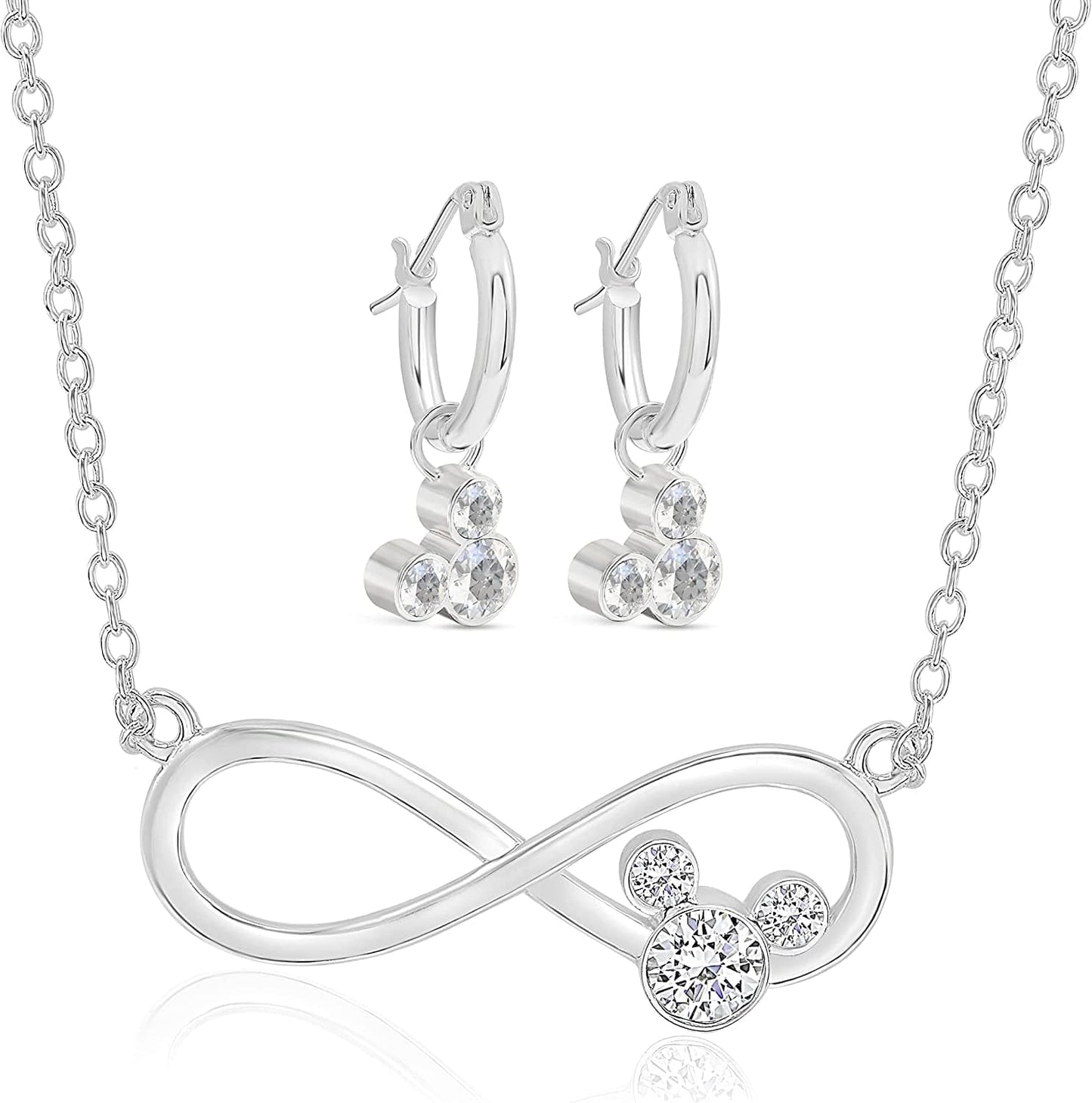 Mickey Mouse Jewelry for Women, Infinity Necklace and Hoop Dangle Earrings Set, Crystal Accents, Silver Plated, 18"