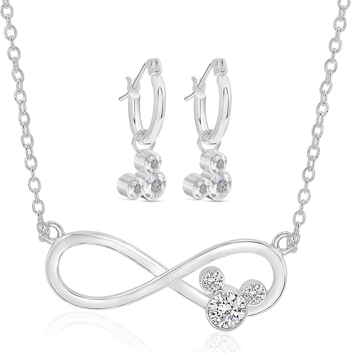 Mickey Mouse Jewelry for Women, Infinity Necklace and Hoop Dangle Earrings Set, Crystal Accents, Silver Plated, 18"