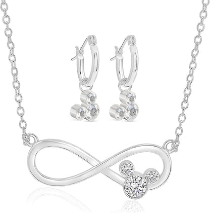 Mickey Mouse Jewelry for Women, Infinity Necklace and Hoop Dangle Earrings Set, Crystal Accents, Silver Plated, 18"
