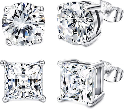 Milacolato 2Pairs Sterling Silver Stud Earrings 18K White-Gold Plated Earrings round Square Cubic Zirconia Simulated Diamond Stud Earrings for Men Women 01-white cubic zirconia / 8.0 Millimeters