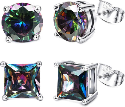 Milacolato 2Pairs Sterling Silver Stud Earrings 18K White-Gold Plated Earrings round Square Cubic Zirconia Simulated Diamond Stud Earrings for Men Women 03-rainbow cubic zirconia / 6.0 Millimeters