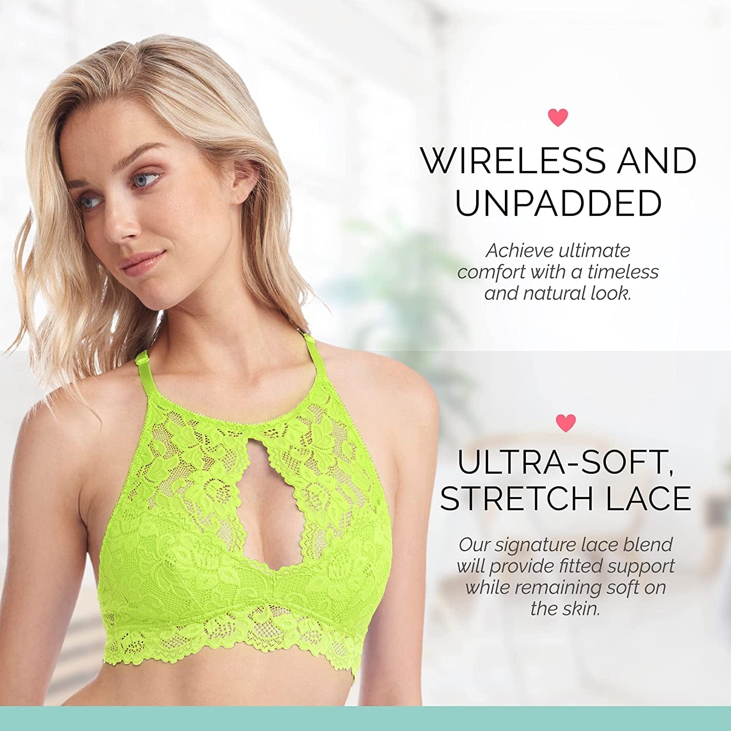Miley Halter Lace Bralette for Women, Unpadded and Unlined Wireless High-Neck Bra, Perfect Adjustable Keyhole Lingerie