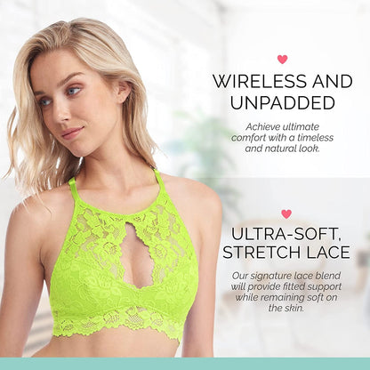 Miley Halter Lace Bralette for Women, Unpadded and Unlined Wireless High-Neck Bra, Perfect Adjustable Keyhole Lingerie