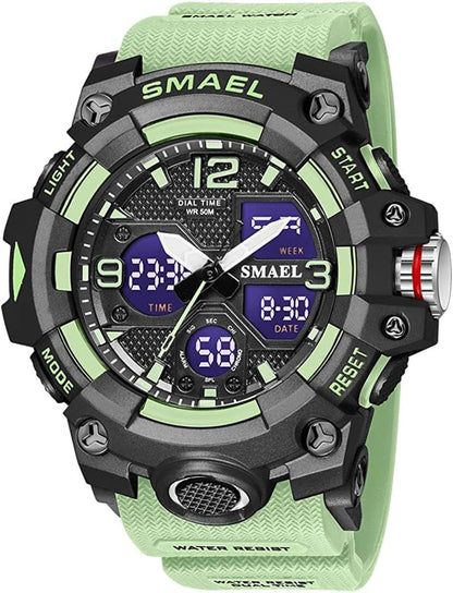 Military Watches for Men Tactical Waterproof Outdoor Sports Watch Analog Digital Multifunction Dual Display Mens Wristwatch C-Green