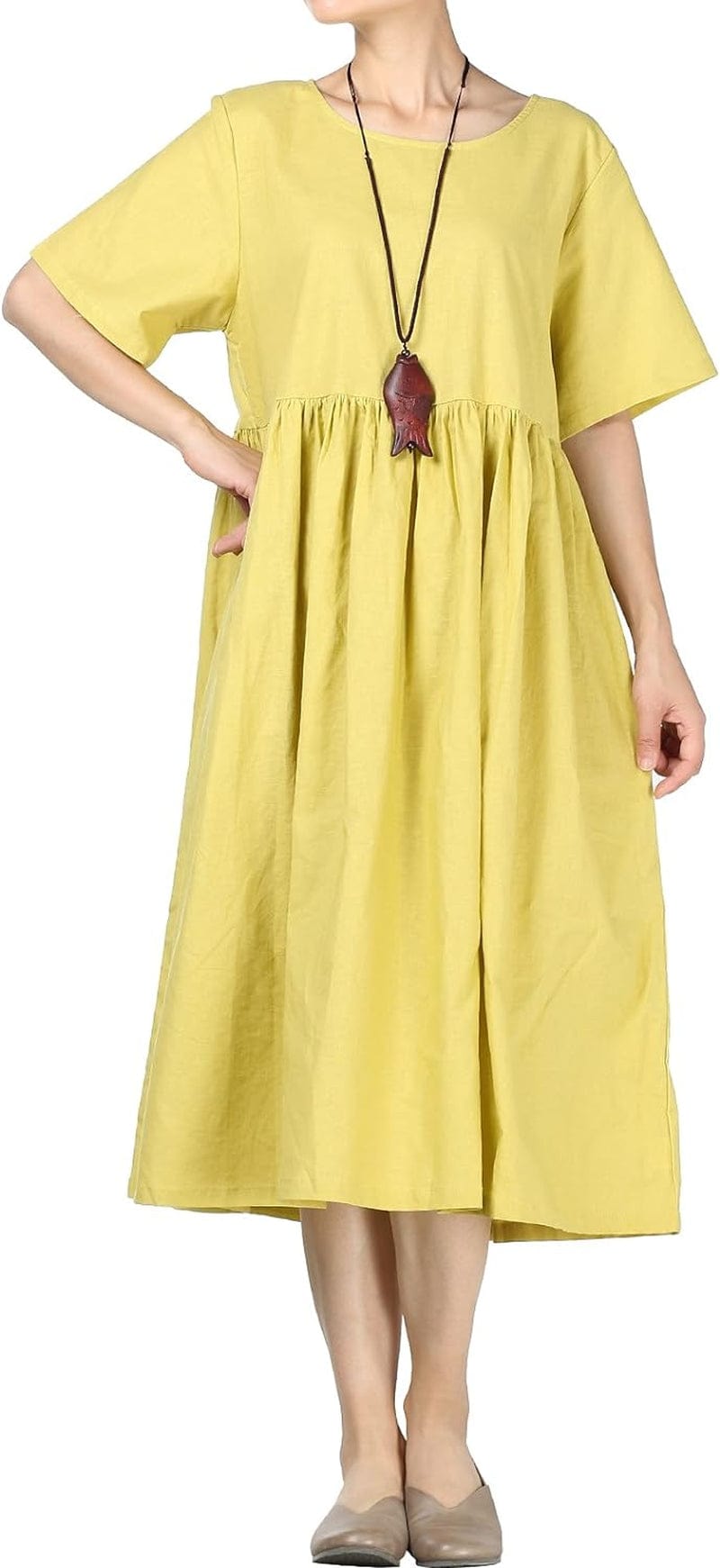 Minibee Women'S Linen Tunic Summer Dress Casual Midi Dresses with Pockets Yellow / Medium