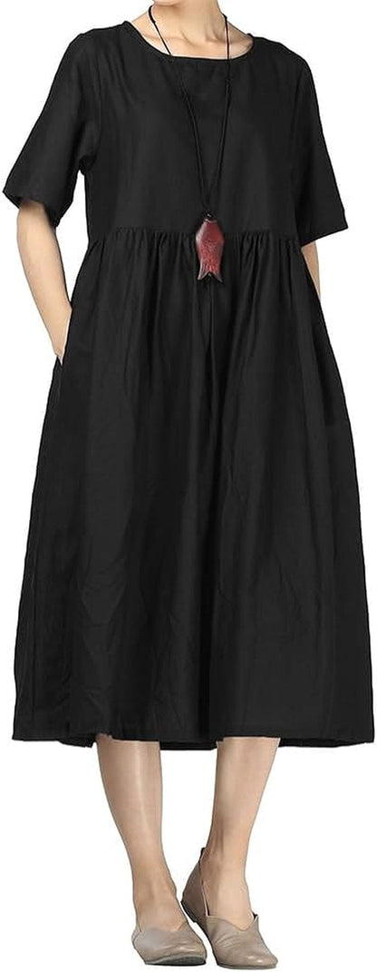 Minibee Women'S Linen Tunic Summer Dress Casual Midi Dresses with Pockets Black / Large