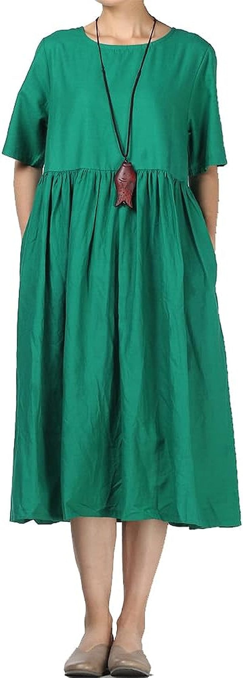 Minibee Women'S Linen Tunic Summer Dress Casual Midi Dresses with Pockets Green / Large
