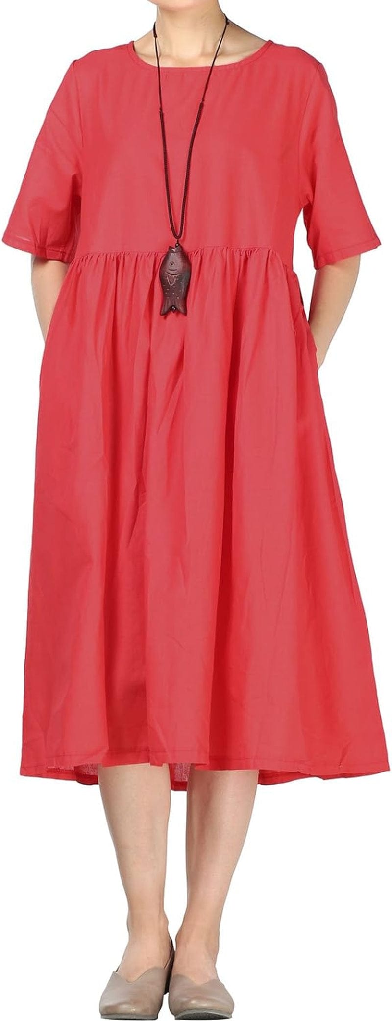 Minibee Women'S Linen Tunic Summer Dress Casual Midi Dresses with Pockets Red / Large