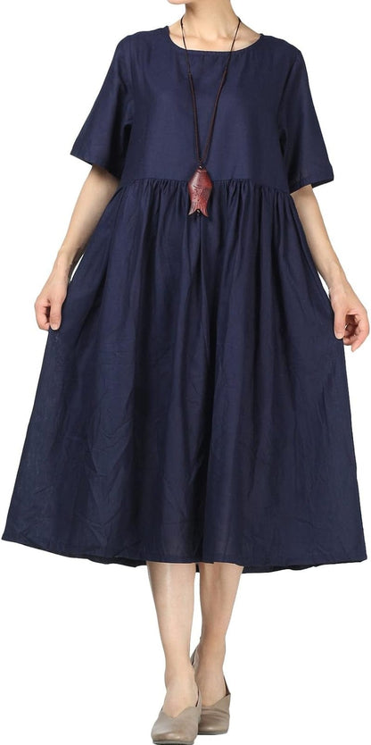 Minibee Women'S Linen Tunic Summer Dress Casual Midi Dresses with Pockets