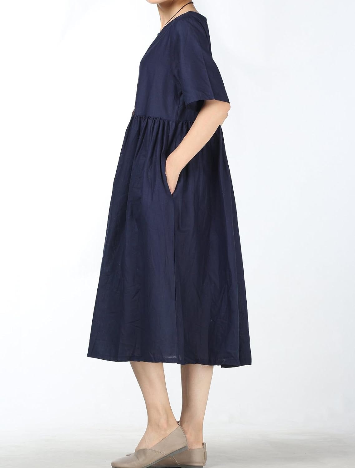 Minibee Women'S Linen Tunic Summer Dress Casual Midi Dresses with Pockets