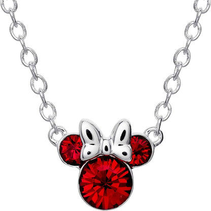 Minnie Mouse Crystal Birthstone Jewelry, Birth Month Pendant Necklace, Silver Plated July -  Red Crystal