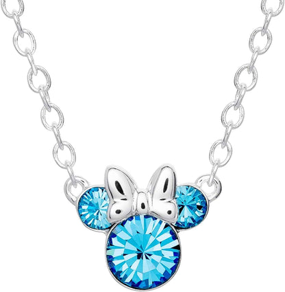Minnie Mouse Crystal Birthstone Jewelry, Birth Month Pendant Necklace, Silver Plated December - Light Blue Crystal