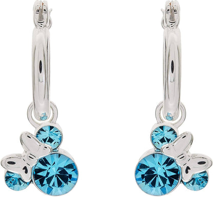 Minnie Mouse Jewelry, Crystal Birthstone Silver Plated Hoop Dangle Earrings, Latch Back March-Aquamarine Light Blue Crystal