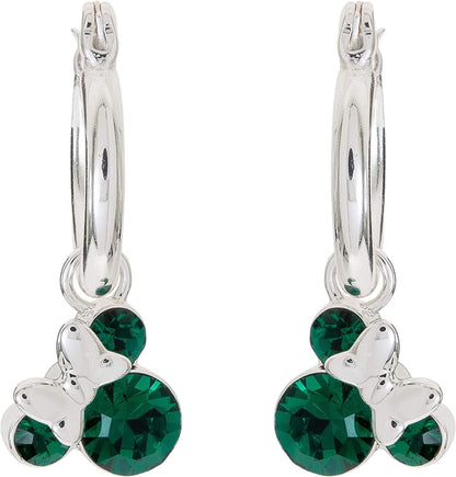 Minnie Mouse Jewelry, Crystal Birthstone Silver Plated Hoop Dangle Earrings, Latch Back May-Emerald Green Crystal