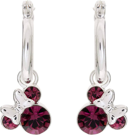 Minnie Mouse Jewelry, Crystal Birthstone Silver Plated Hoop Dangle Earrings, Latch Back February-Amethyst Light Purple Crystal
