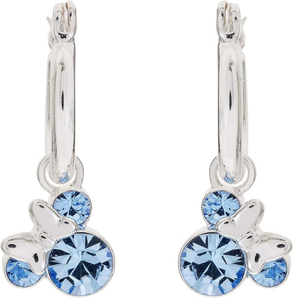 Minnie Mouse Jewelry, Crystal Birthstone Silver Plated Hoop Dangle Earrings, Latch Back December-Sapphire Light Blue Crystal