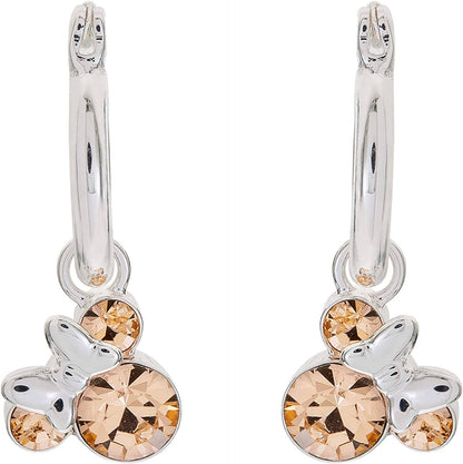 Minnie Mouse Jewelry, Crystal Birthstone Silver Plated Hoop Dangle Earrings, Latch Back June-Alexandrite Light Peach Crystal
