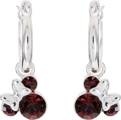 Minnie Mouse Jewelry, Crystal Birthstone Silver Plated Hoop Dangle Earrings, Latch Back January-Garnet Red Crystal
