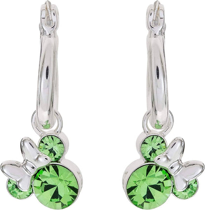 Minnie Mouse Jewelry, Crystal Birthstone Silver Plated Hoop Dangle Earrings, Latch Back August-Peridot Light Green Crystal
