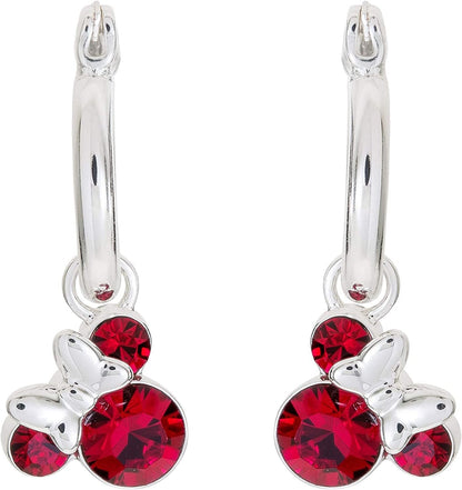 Minnie Mouse Jewelry, Crystal Birthstone Silver Plated Hoop Dangle Earrings, Latch Back July-Ruby Red Crystal