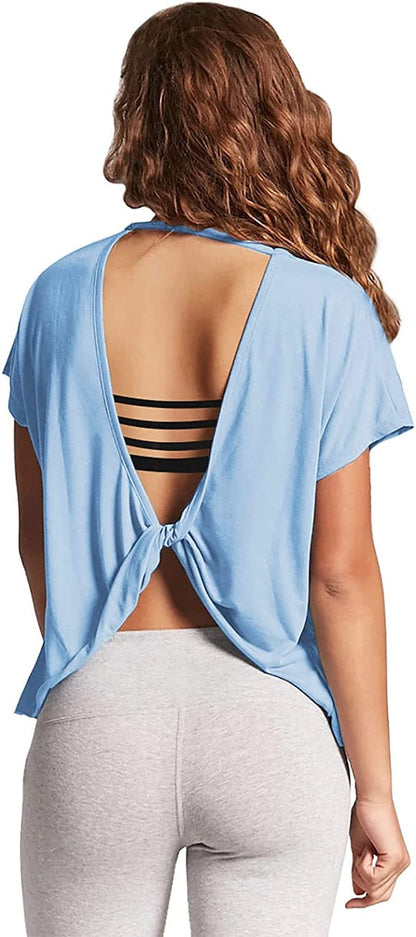 Mippo Womens Open Back Workout Tops Short Sleeve Athletic Gym Activewear Shirts Loose Fit Light Blue / Medium