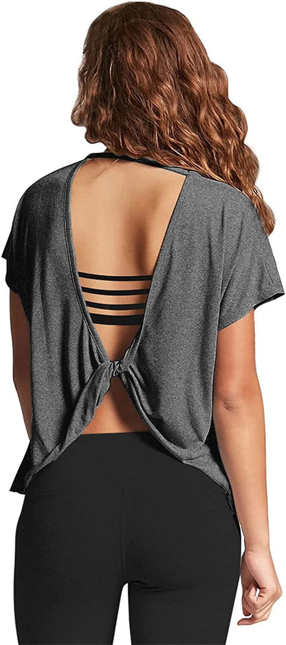 Mippo Womens Open Back Workout Tops Short Sleeve Athletic Gym Activewear Shirts Loose Fit Heather Gray / Medium