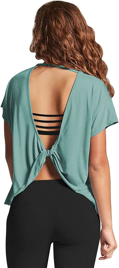 Mippo Womens Open Back Workout Tops Short Sleeve Athletic Gym Activewear Shirts Loose Fit Graylish Green / Medium