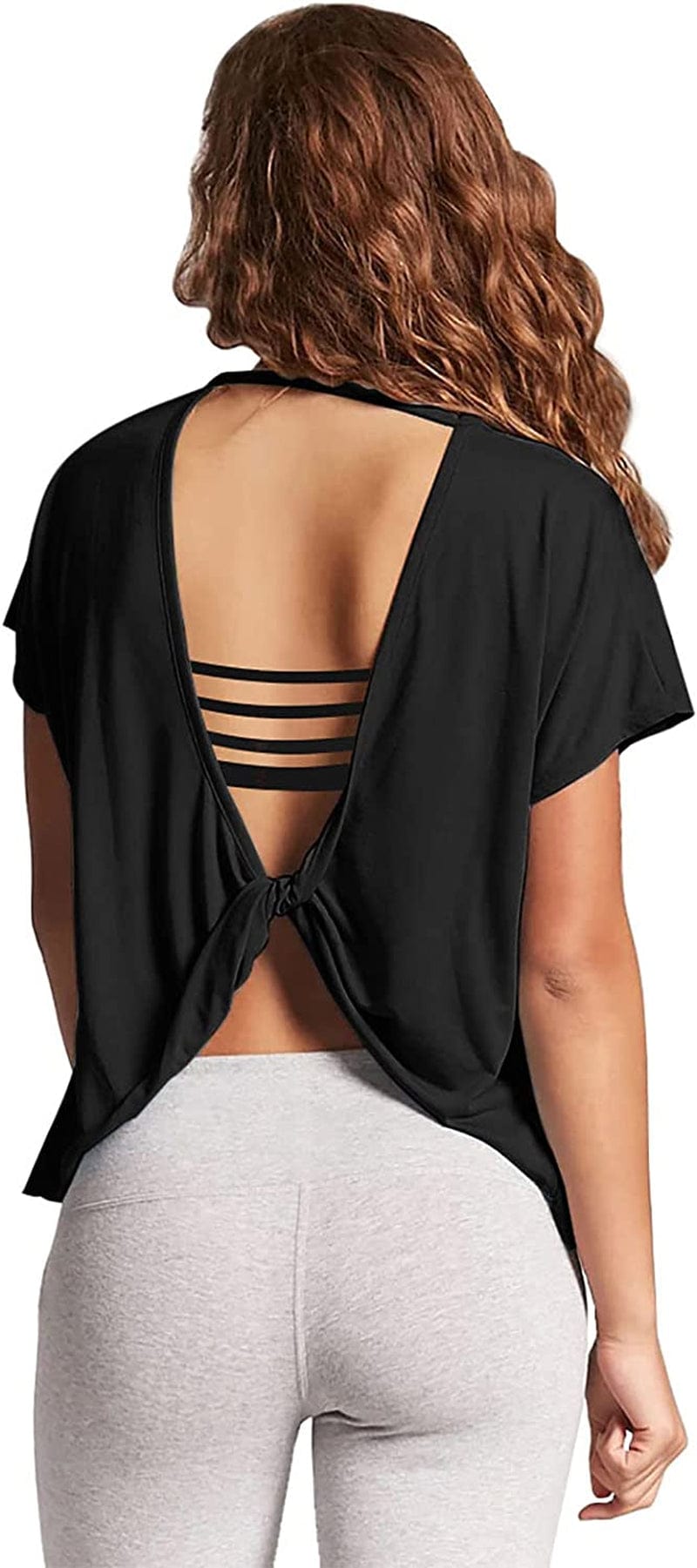 Mippo Womens Open Back Workout Tops Short Sleeve Athletic Gym Activewear Shirts Loose Fit Black / Medium