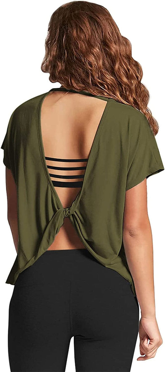 Mippo Womens Open Back Workout Tops Short Sleeve Athletic Gym Activewear Shirts Loose Fit Army Green / Medium