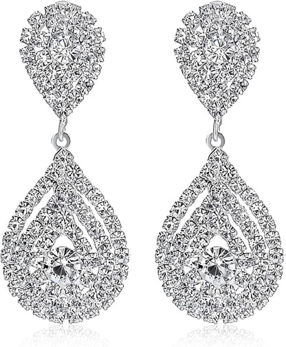 Miraculous Garden Silver/Gold Plating Wedding Bridal Crystal Tiara Crown Teardrop Statement Necklace Link Bracelet Dangle Earrings Rhinestone Handbag Jewelry Set for Women Girls Silver Plated White Earrings