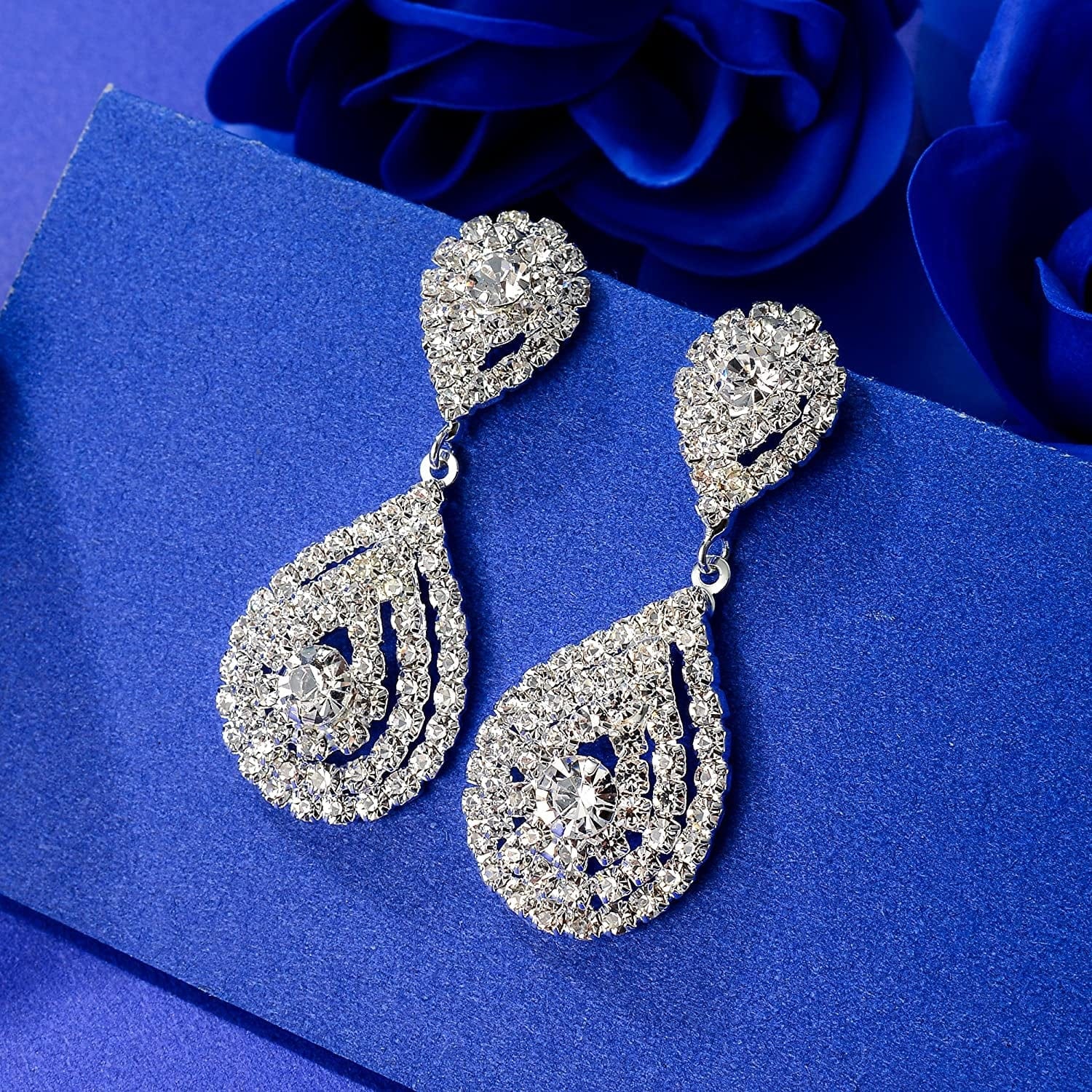 Miraculous Garden Silver/Gold Plating Wedding Bridal Crystal Tiara Crown Teardrop Statement Necklace Link Bracelet Dangle Earrings Rhinestone Handbag Jewelry Set for Women Girls