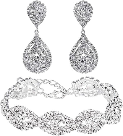 Miraculous Garden Silver/Gold Plating Wedding Bridal Crystal Tiara Crown Teardrop Statement Necklace Link Bracelet Dangle Earrings Rhinestone Handbag Jewelry Set for Women Girls Silver Plated White Bracelet Earrings